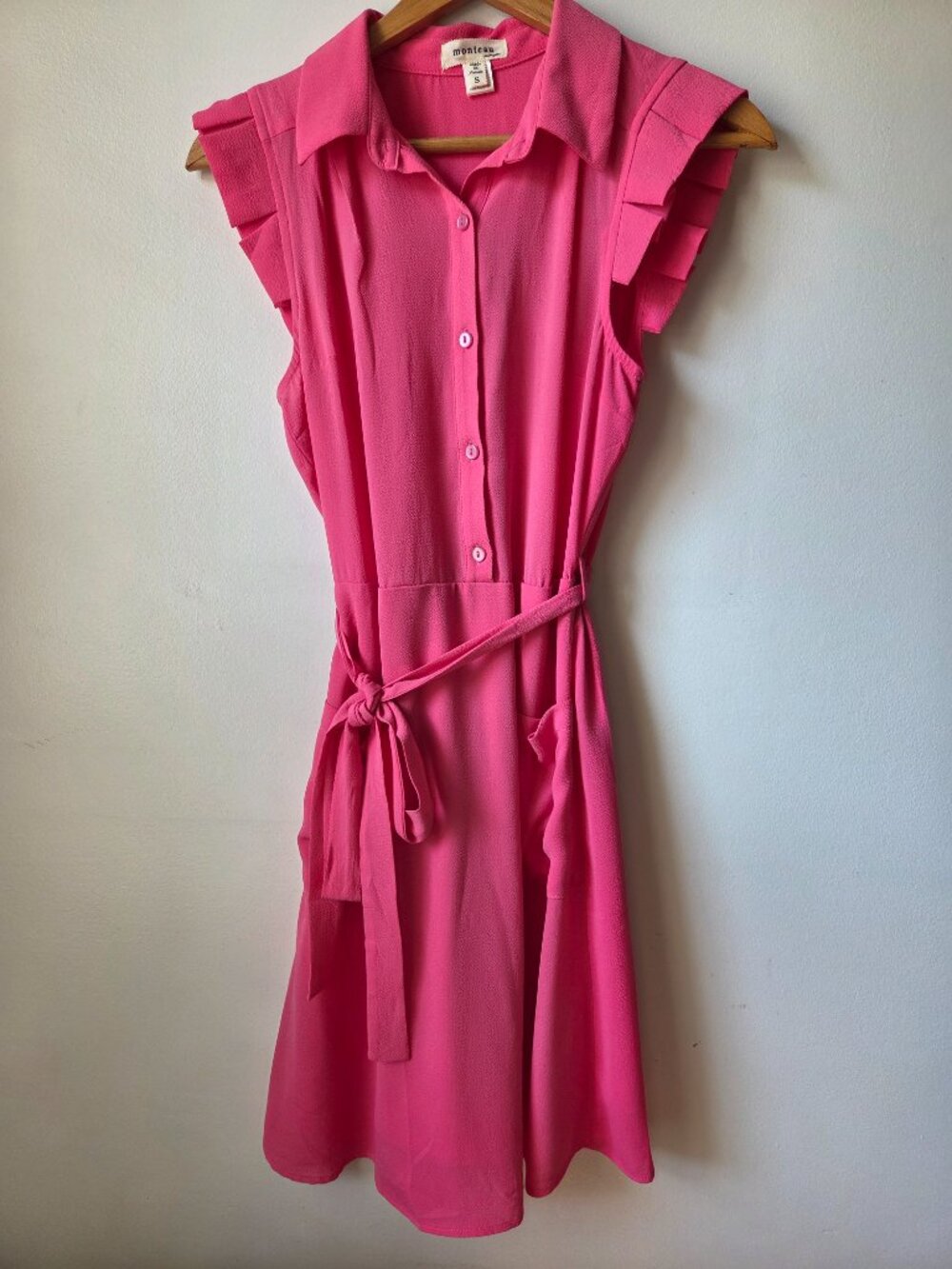 NWOT MONTEAU LA PINK HALF BUTTONED PLEATES SLEEVES BELTED SHORT DRESS SZ S